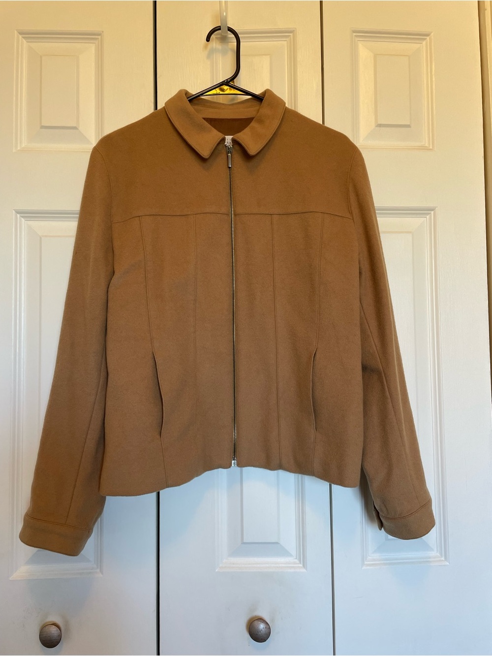 Barneys New York Camel Zip-Front Bomber Jacket